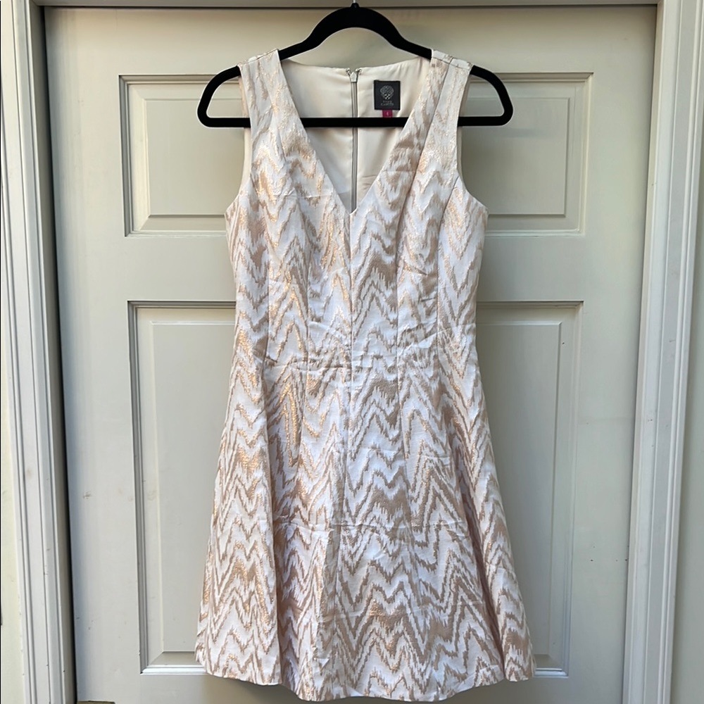Vince Camuto White and Gold Fit and Flare Mini Dress